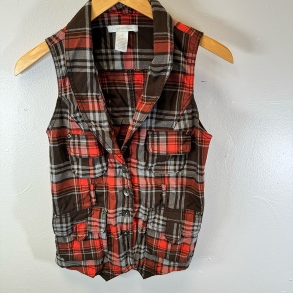 tartan plaid vest orange brown academia button up tennis prep small top crop